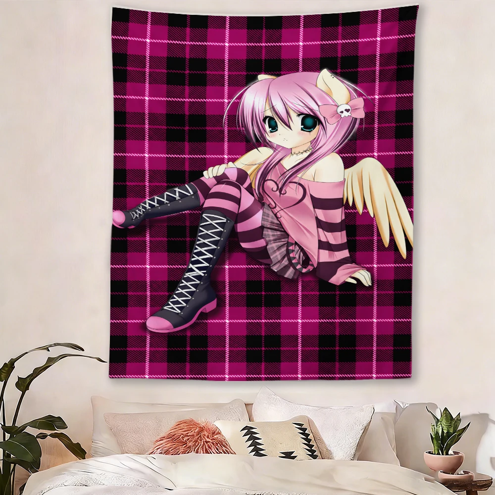 Y2K Anime Angel Girl Tapestry Pink Black Plaid Background Harajuku Aesthetic Wall Hanging Dorm Bedroom Gothic Room Decor Backdro