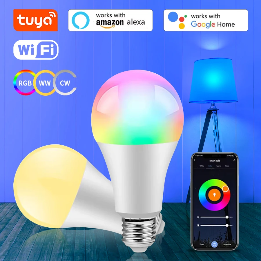 Tuya Smart WiFi Light Bulb 10W 15W 20W AC 220V 110V Voice Control APP Smart Adjustment Infinitely Dimmable Timer Off E27 Bulb