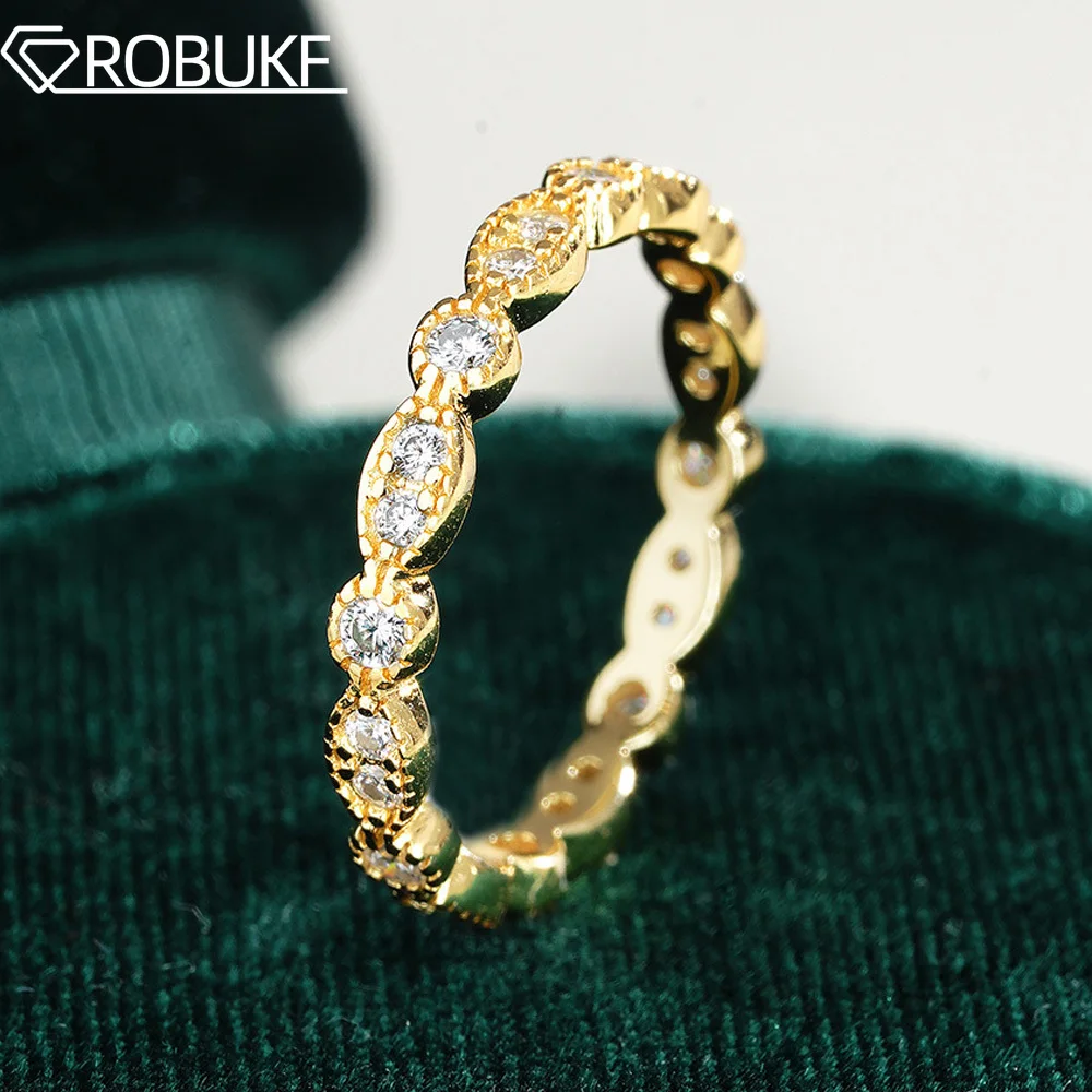 18K Gold Plated Full Moissanite Rings for Women Round Cut Sparkling Lab Diamond 925 Sterling Silver Stackable Wedding Band Gifts