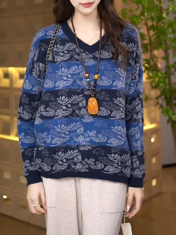 

New Chinese Sle V-ne Knitwear Blue plus Size Faionable Versatile Slimming Top Women's Autumn 2025 Moisture ng Long...