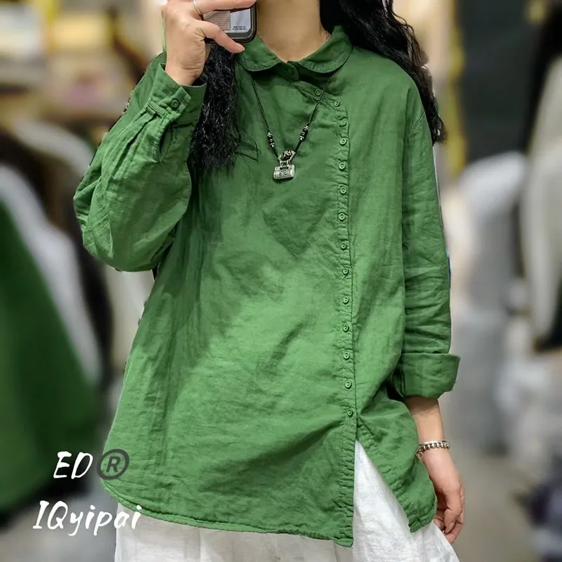 2023 Spring Autumn New Arts Style Women Long Sleeve Turn-down Collar Loose Shirt Single Breasted Cotton Linen Casual Blouse P33