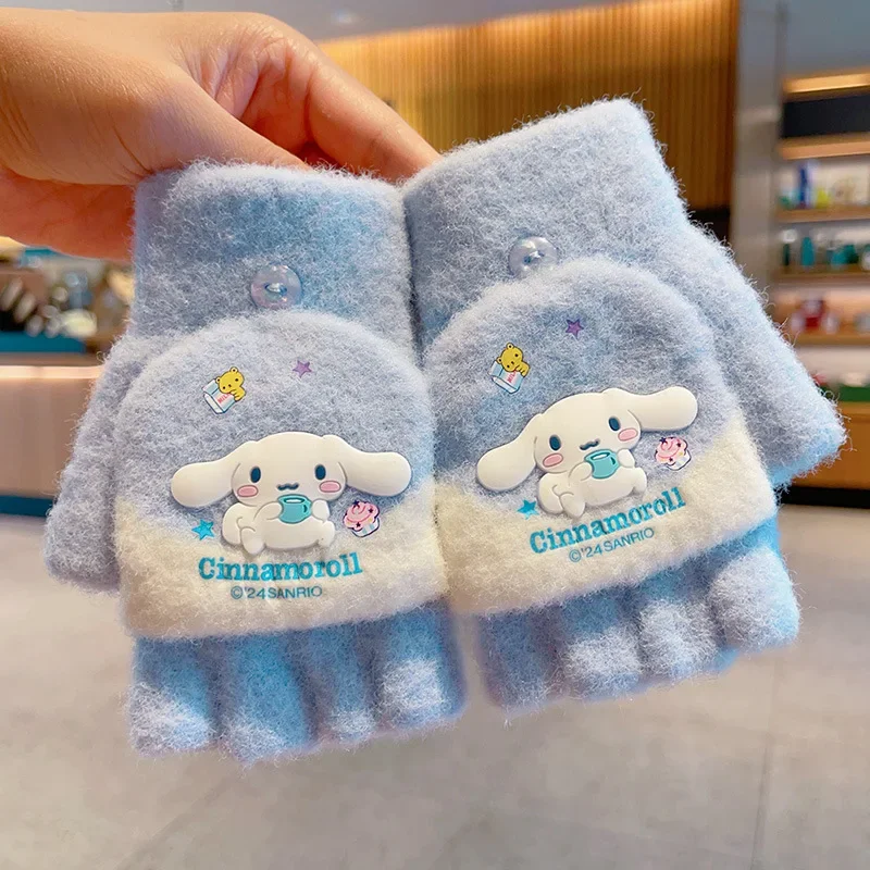 Sanrio Children's Glove 6-12 Years Old Boys Girls Half-finger Flip Gloves Cartoon Kuromi Cinnamoroll Warm Student Gloves Gifts