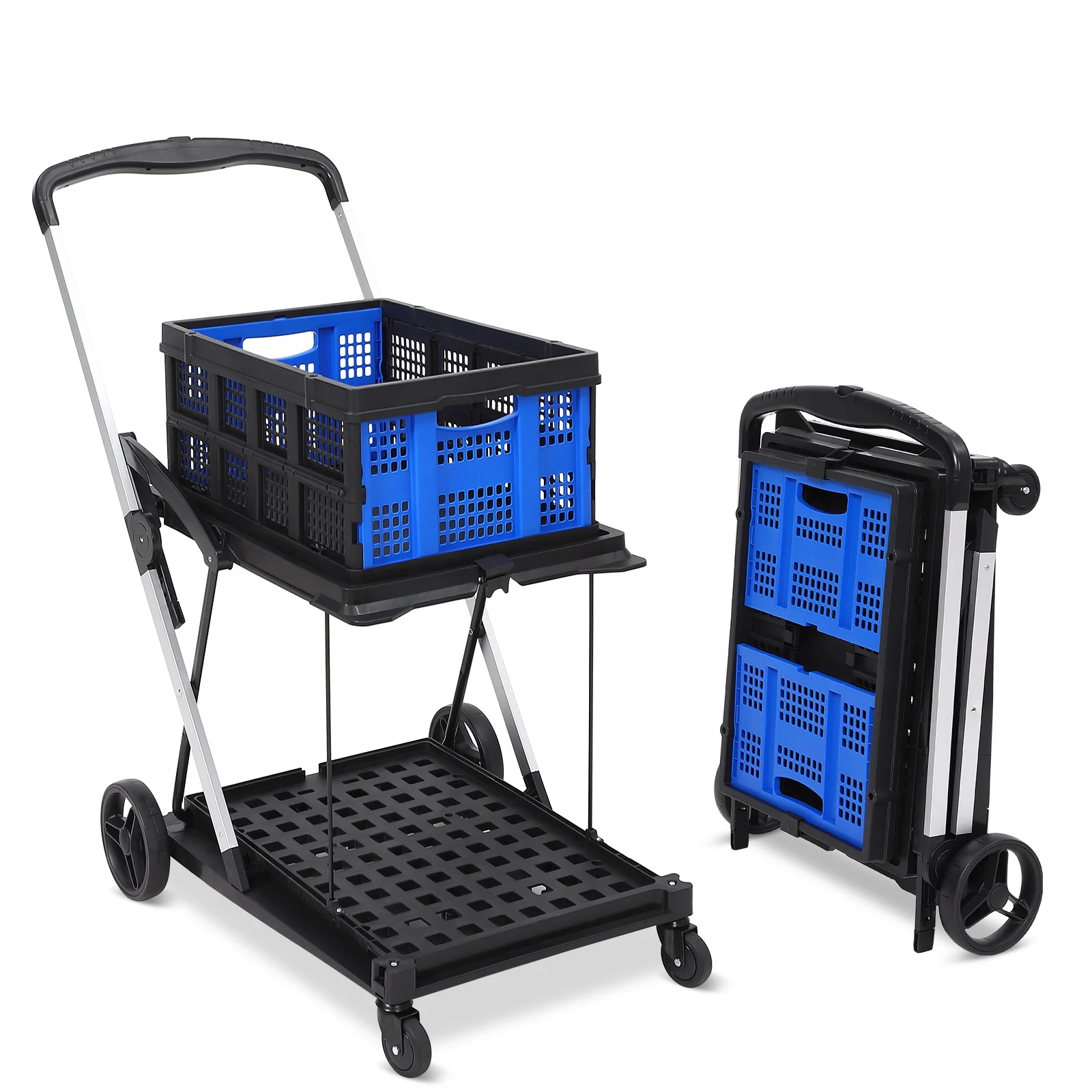 

Carts with Wheels Foldable, 2-Tier Portable Collapsible Utility Cart Shopping Cart, 200LBS Multi Use Functional Mobile Folding