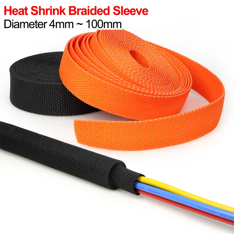 2/5m Heat Shrink PET Braided Cable Sleeve 4mm - 100mm Insulation Tube Flam Retardant Protection Wrap Sheath Wire Organizer