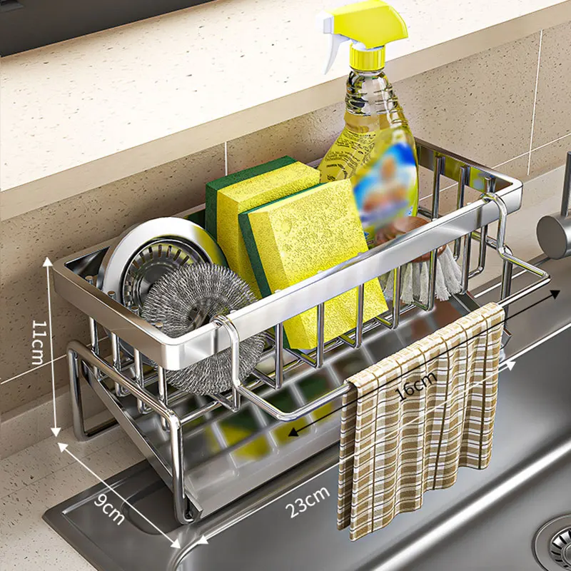 

Kitchen Sponge Holder Stainless Steel Sink Drain Rack Soap Drainer Towel Rack Shelf Organizer bathroom Storage Accessories