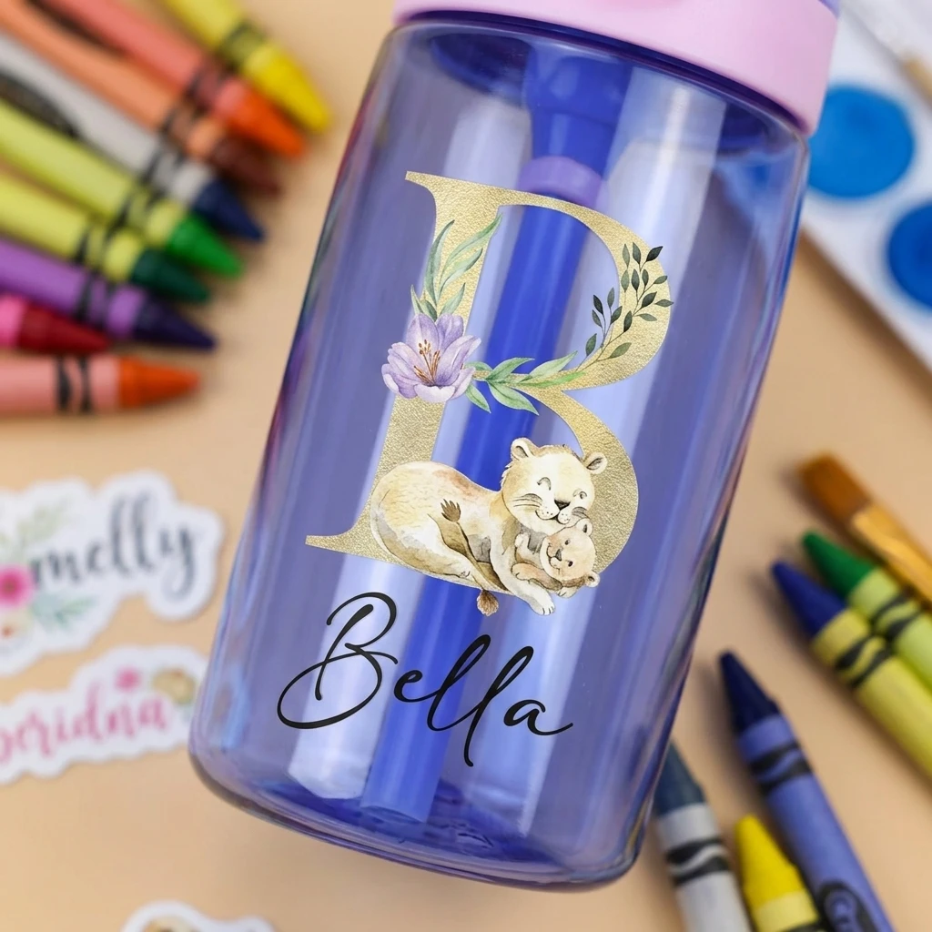 Back to School Gift Custom Name Gold Monogram Kids Water Bottle, Spill Proof Straw Cup Personalized for Girls Boys Kindergarten.