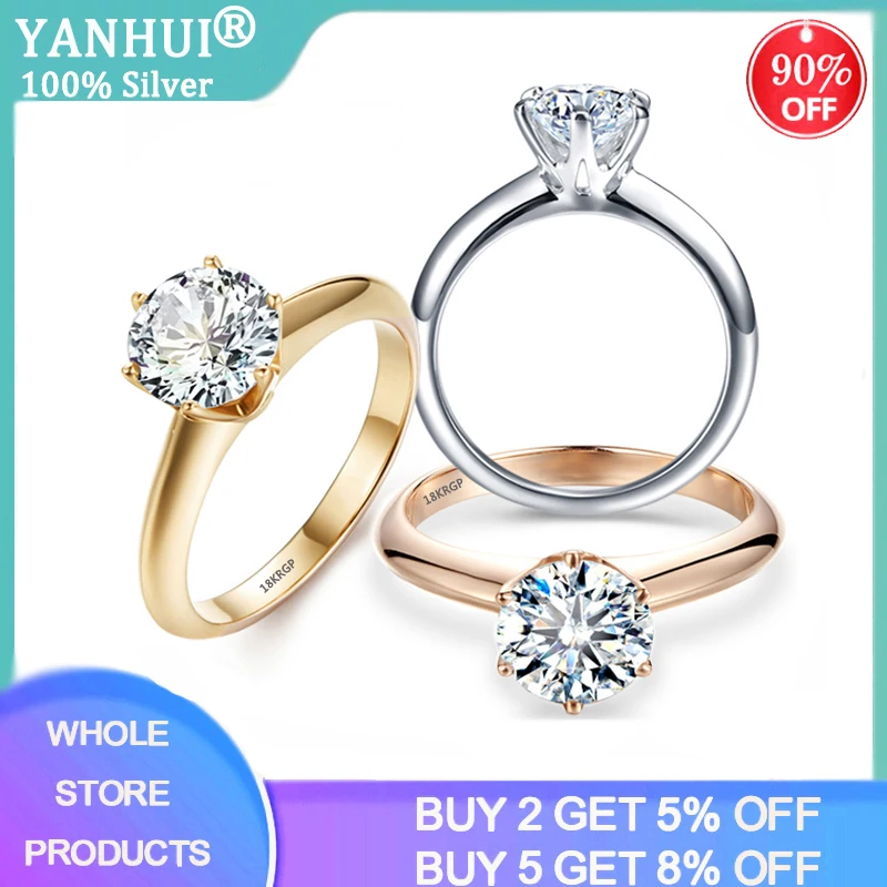 YANHUI Have 18K RGP Stamp Pure Solid White/Yellow/Rose Gold Color Ring Solitaire 2.0ct CZ Zircon Engagement Rings For Women