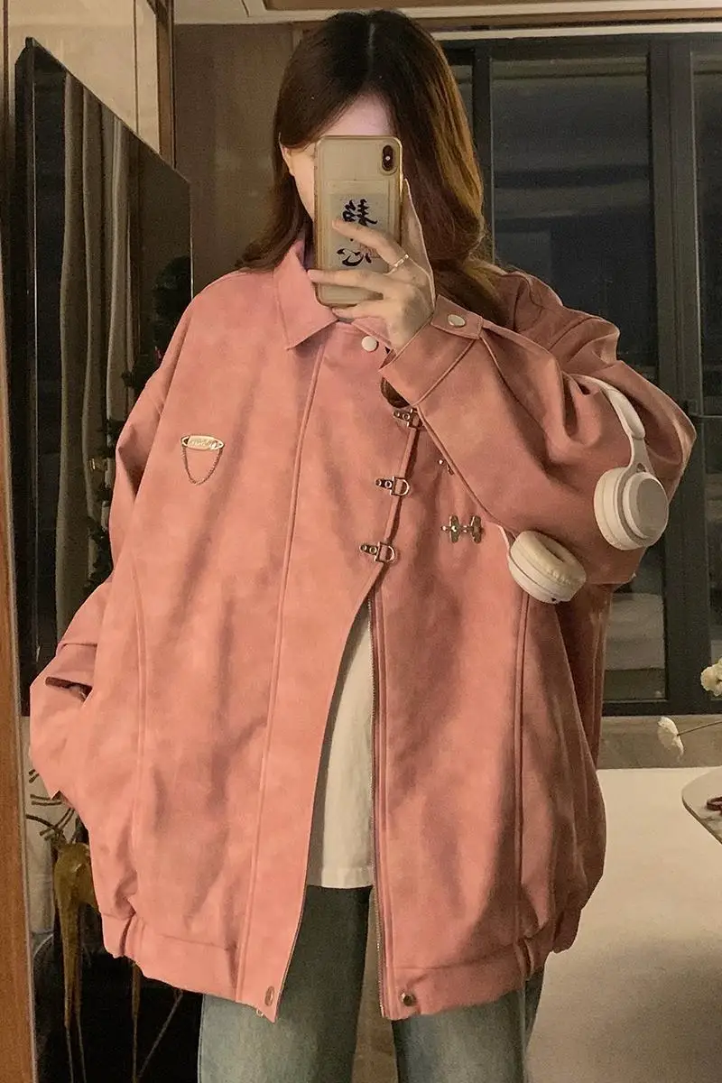 2024 autunno New American Retro Pu giacca in pelle fibbia in metallo colletto rovesciato manica lunga giacche larghe cappotti Streetwear top