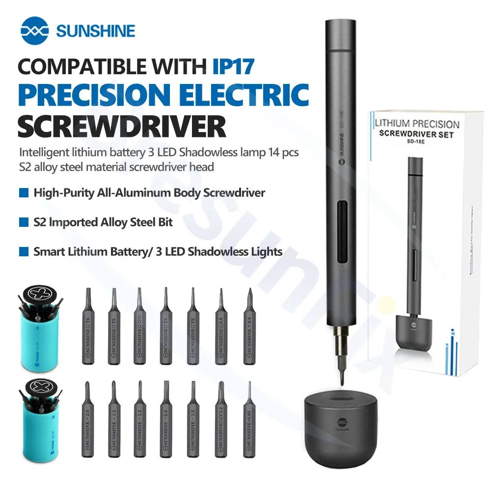 

SUNSHINE SD-18E Electric Screwdriver Set with 14 Bits 2 Storage Cases Supports IP17 Removal for Screw Repair Disassembly Tools