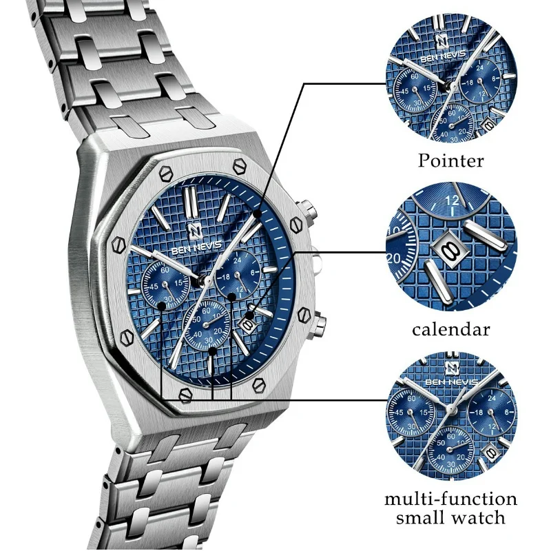 Men\'s Quartz Watch Oak Series with 43mm Quartz Movement Three Eye Six Needle Dial with Calendar Steel Strap 30 Meter Waterproof