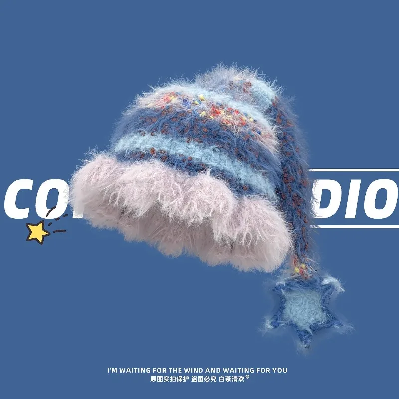 New Fashion Contrasting Color Striped Plush Knitted Bucket Hats Women Winter Warm Versatile Personality Star Long Tail Basin Cap