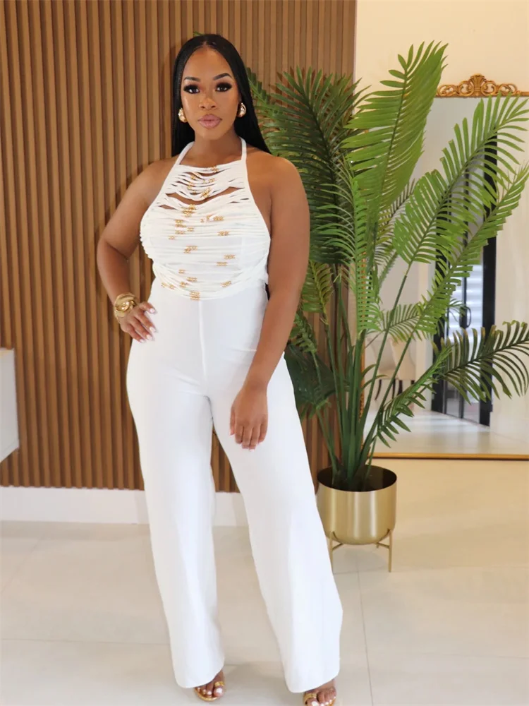 

Kliou бусины украшения расклешенные комбинезоны женские на шнуровке Холтер без рукавов с открытой спиной горячие девушки High Street сексуальные комбинезоны в диком стиле