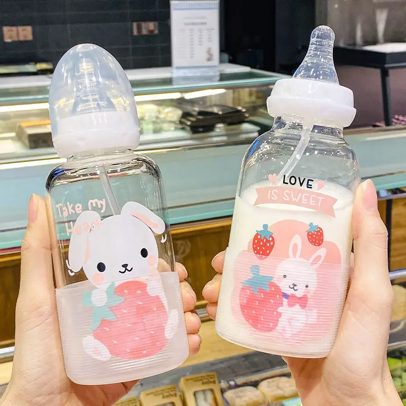 Cute cartoon rabbit adult straw plastic bottle water bottle creative personality small gift baby mouth leisure water cup