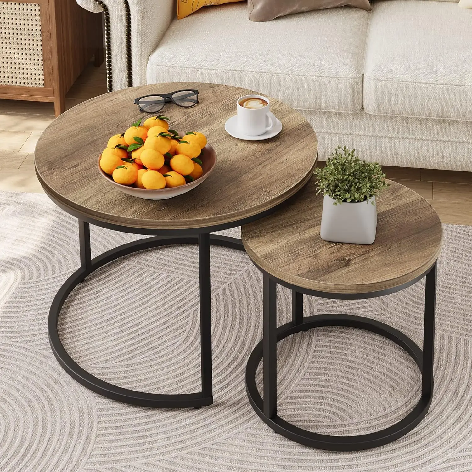 

Round Nesting Coffee Table Set of 2, Adjustable Non-Slip Feet, Industrial Style for Living Room Bedroom