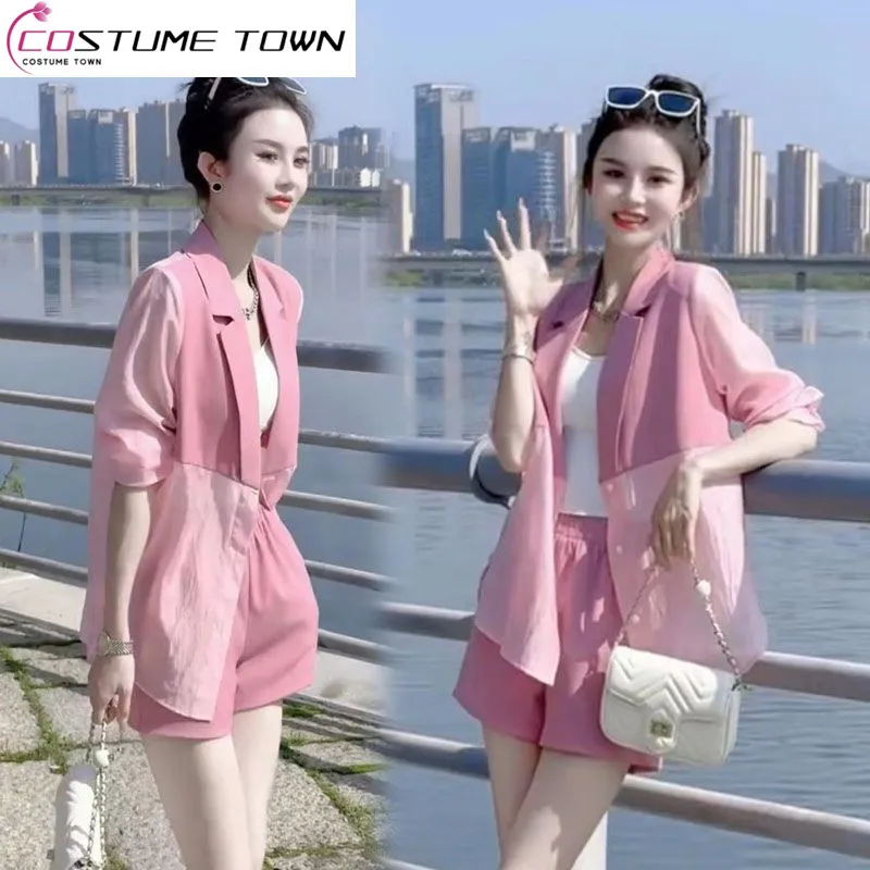 2023 Summer New Korean Fashion Set Women\'s Summer Sunscreen Suit Coat Temperament Slim Shorts Two Piece Set