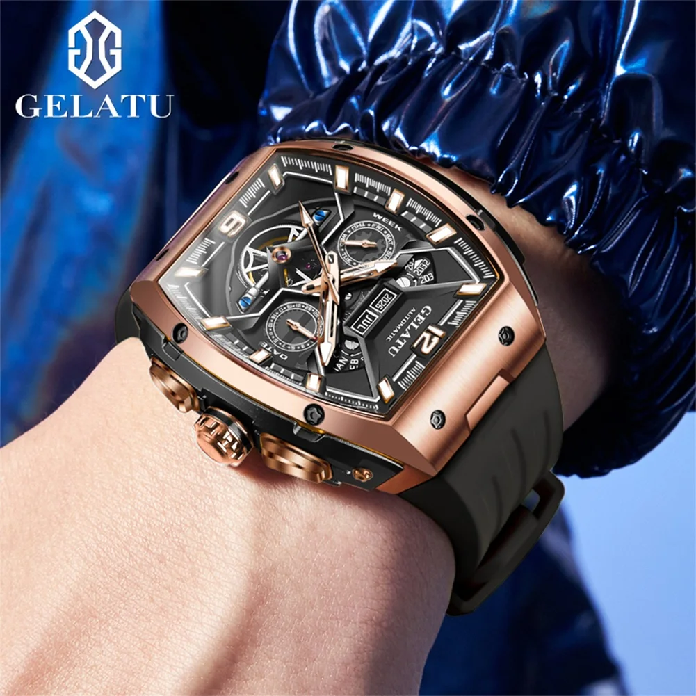 GELATU 6013 Men Watch Multi functional Skeleton Chronograph HD Sports Waterproof Silicone Strap Men Automatic Mechanical Watch