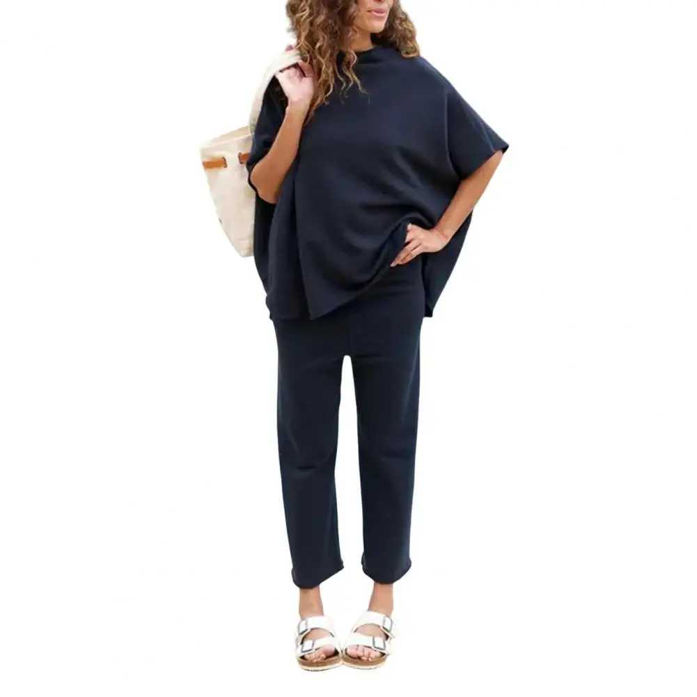 Women Loose Fit Pants Suit Chic Women\'s Bat Sleeve Top Wide Leg Trousers Set for Stylish Ol Commute Versatile Outfit with O Neck