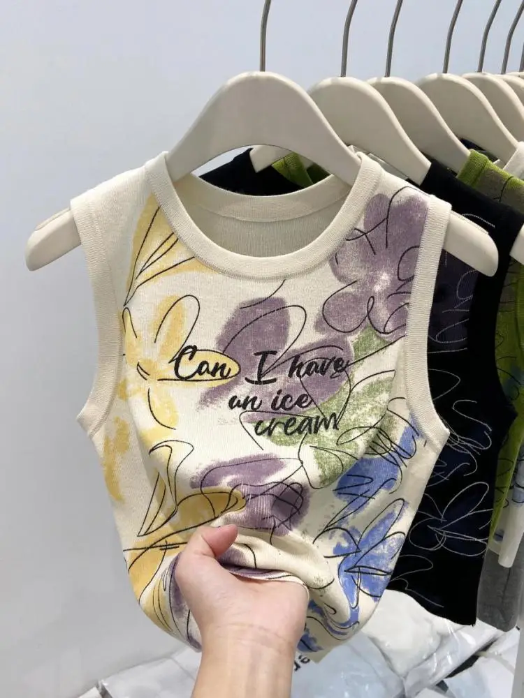 

Spring Summer Letters Print Patchwork Short Knitted Vest Women Casual Round Neck Sleeveless 2025 Slim Short Pullover Tops Korean