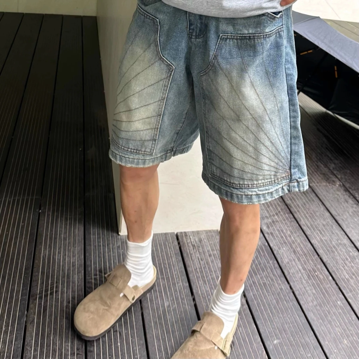 

Retro American Heavyweight Denim orts Men's Summer Loose Design Vintage Waed Couple's Five-Point Pants Busin Casual