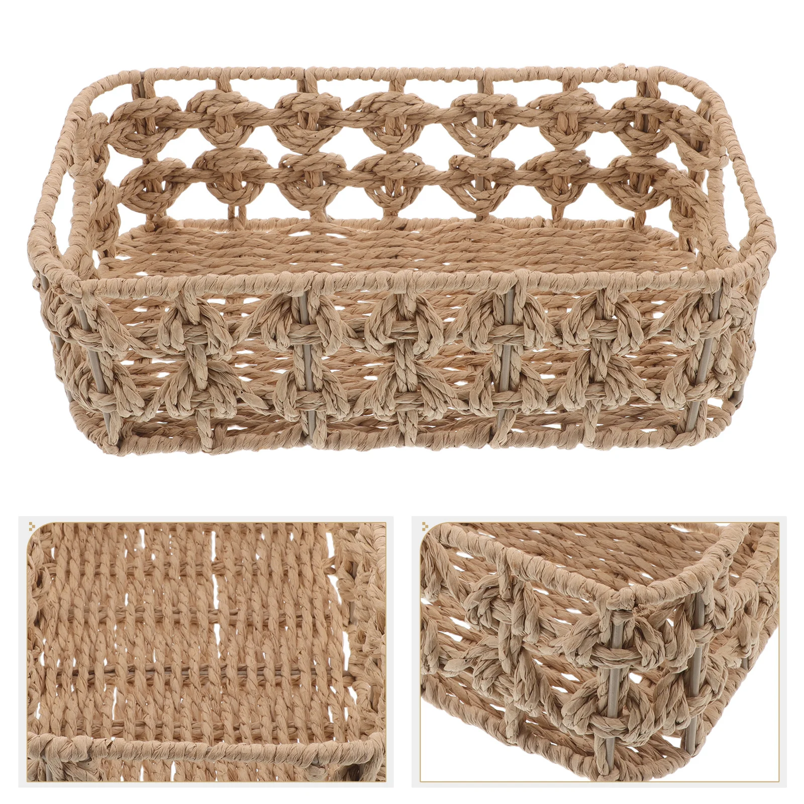 

Woven Storage Basket Light Brown Rectangle Hollow Out Design For Desk Bathroom Kitchen Snacks Organizer Paper Rope