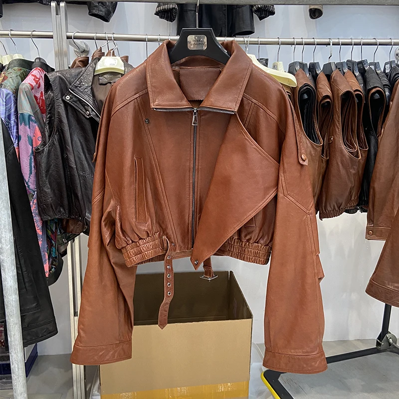Women Street Genuine Sheepskin Leather Moto Biker Style Short Cool Girl Jacket Coat Autumn Real Leather Motorcycle Jacket