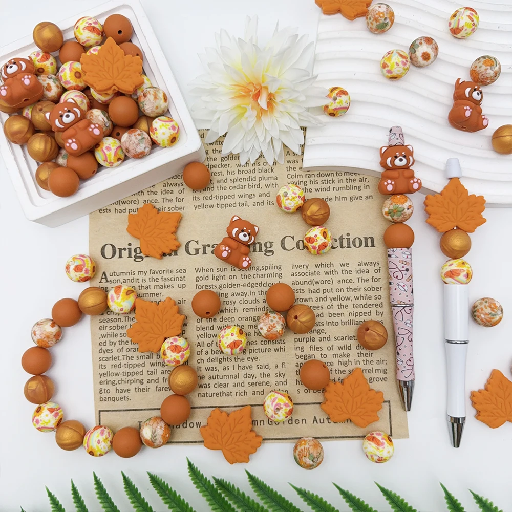 34Pcs Maple Leaf Red Panda Silicone Beads Set DIY Beaded Necklace Bracelet Decoration Pen Jewelry Pendant Etc. Holiday Birthday Gift view 6