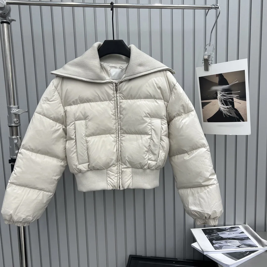 2025 Dameskleding patchwork gebreide revers korte donsjas Herfst Winter Nieuw 1027