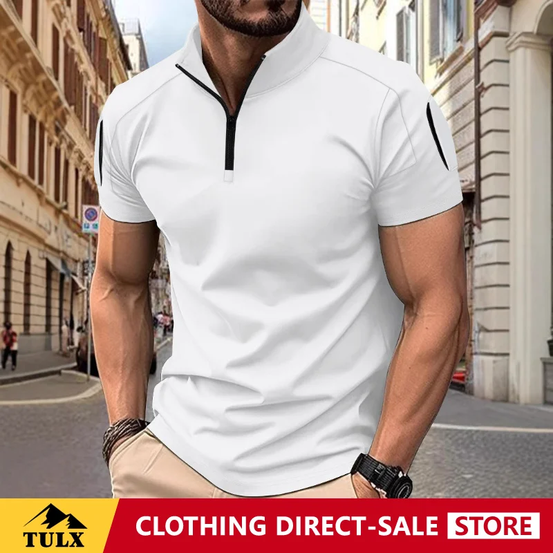 European American Men Summer Short Tactical Training Patchwork Arm Pocket Stand Up Collar Quick Dry Solid Color Short Sleeve