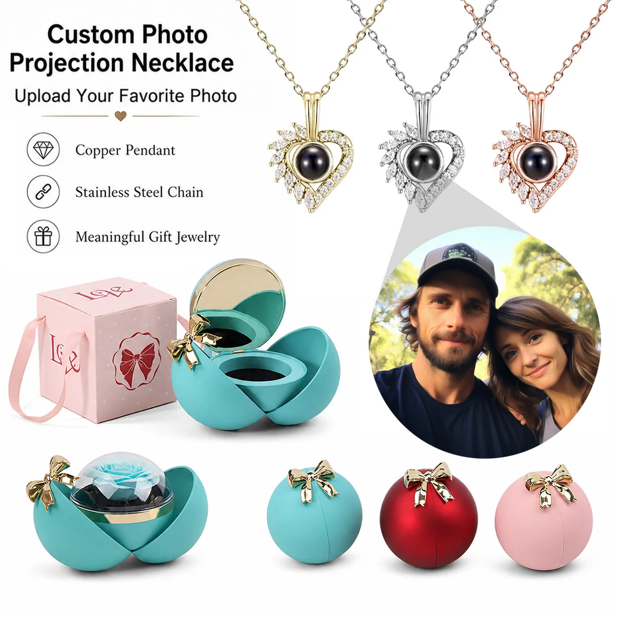 Custom Photo Projection Heart Necklace Spherical Rose Gift Box Stainless Steel Chain Valentine's Christmas Birthday For Women