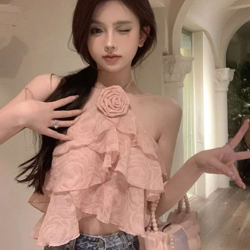 Women\'s Vest Summer Chiffon Ruffle Halter Neck Backless Sweet Front Flowers Top Female Versatile Sexy Short Blouse