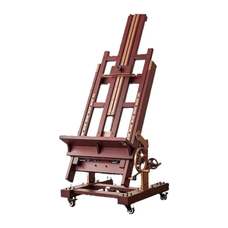 Flat dual-purpose hand crank multi-functional wooden floor, which can lift and lower solid wood Chinese painting shelves