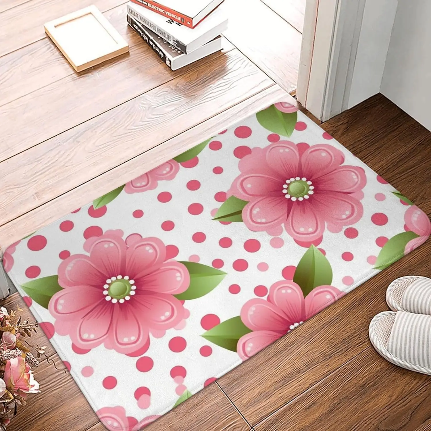 Pink Flower Polka Dot Door Mat, Cute Floral Pattern Floor Mat, Spring Garden Entrance Rug, Non-slip Washable Bathroom Home Decor