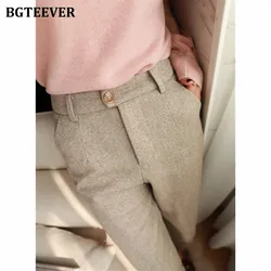 BGTEEVER Casual High Waist Button Female Harem Pants Autumn Winter Warm Pockets Woolen Pants for Women