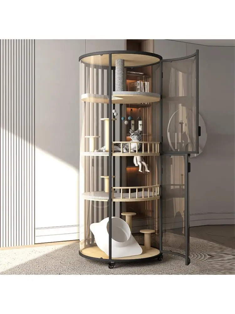 Small and Medium-sized Panoramic Cylindrical Cat Villa, 360 ° Cat Cage, Glass Cat Cabinet, Luxury Cat Nest, Solid Wood, Room