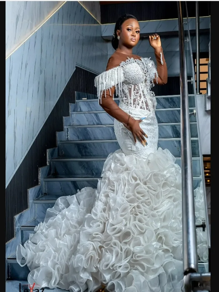 

Customized Plus Size Tassels Off the Shoulder Mermaid Wedding Dress Robe Mariée Long Sleeves See Through Applique Bridal Gowns
