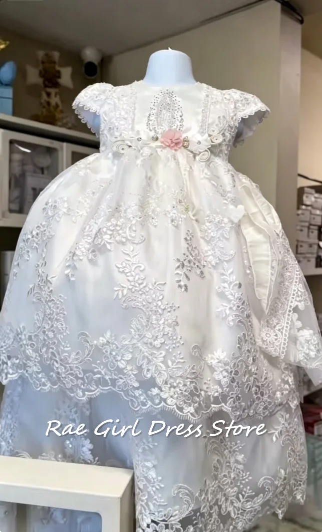 White Lace Baby Christening Gown Flower Girl Dress Front Detail Pink Flower Accent Tiered Skirt For Newborn Baptism Outfit
