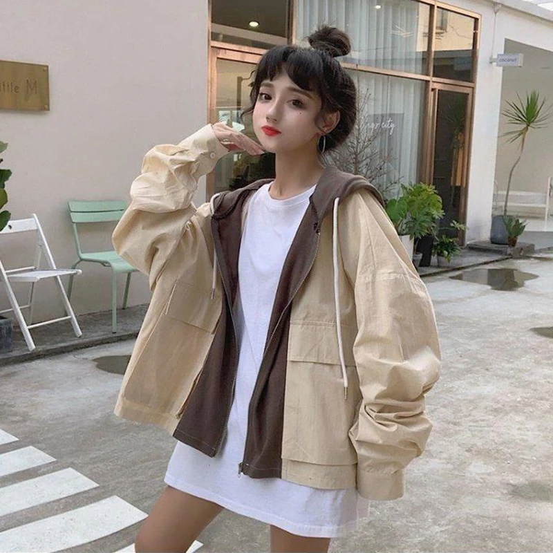 Hdspq Vintage Hooded Patchwork Jacket Women Spring Autumn Fashion Short Zipper Cargo Coats Woman Korean Student Loose Overcoat