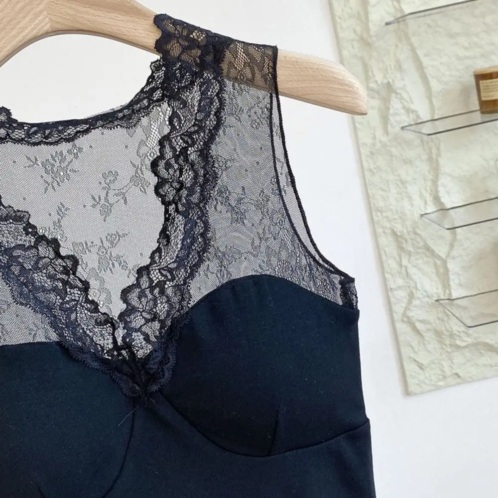 

Fashion Mesh Transparent Lace Deep-v Camisole Sleeveless Thin Lace Crop Tops Undershirt Slim Fit Suspender Vest with Pads Women