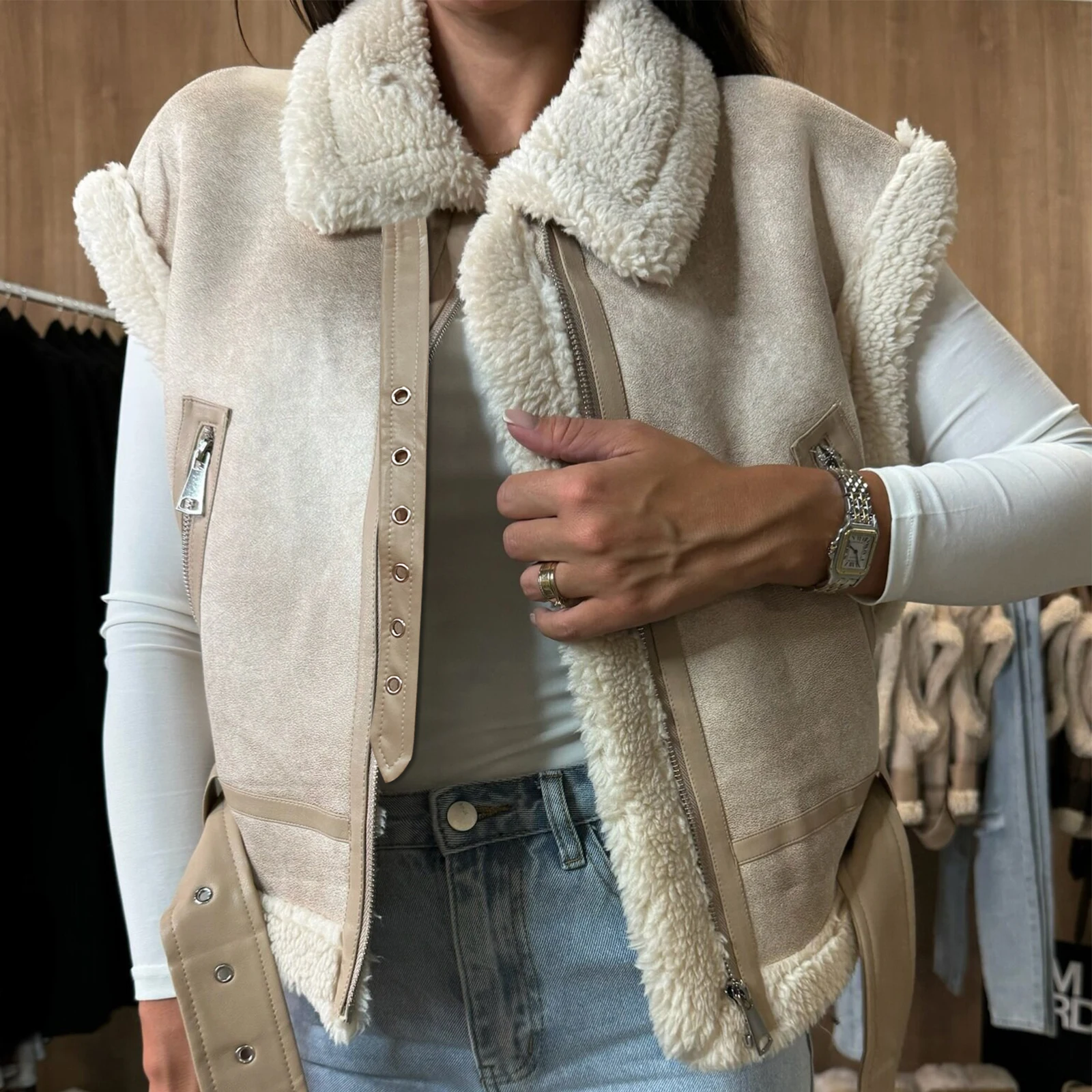 

Women Winter Faux Suede Vest Sleeveless Zipper Up Fleece Sherpa Lined Jacket Fashion Solid Color Casual Outerwear Coat!