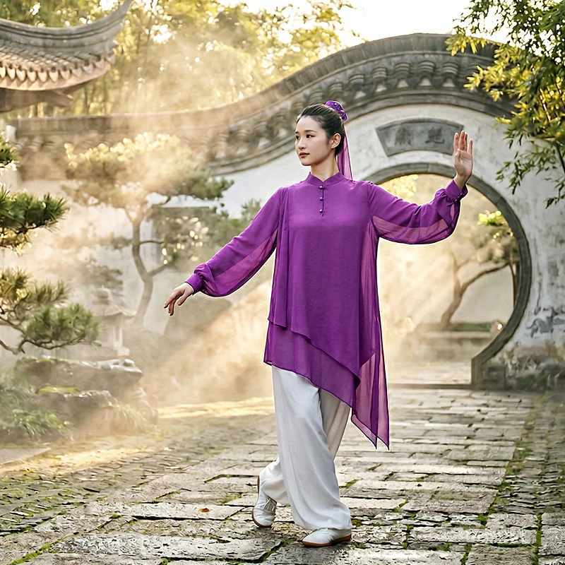 New Purple Tai Chi Suit Women Summer Chiffon Mid Length Martial Arts Training Team Performance Outfit Set Chinese Style Loose