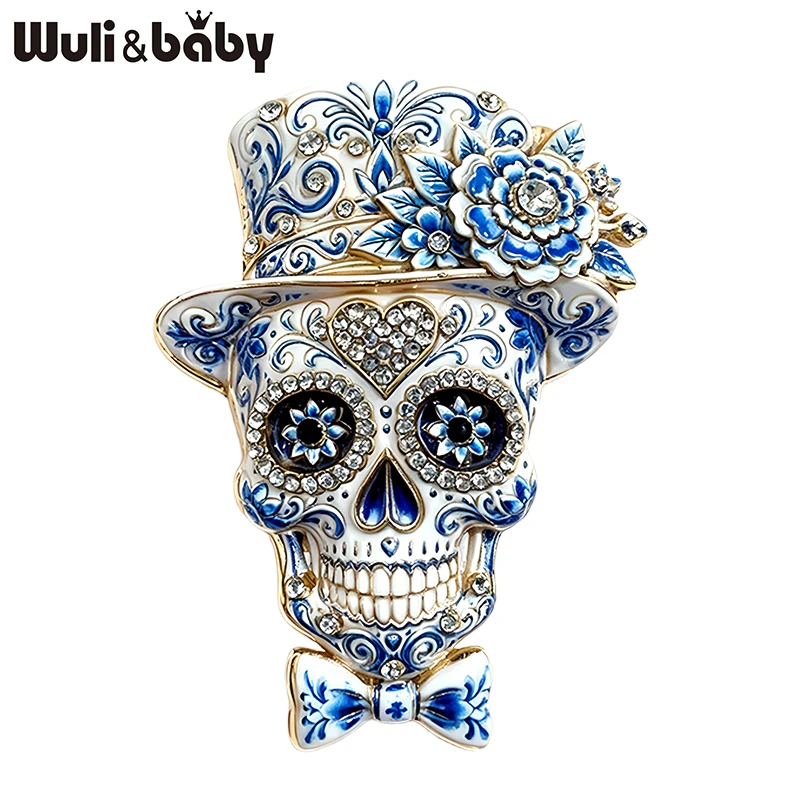 Wuli&baby Lovely Skull Brooches For Women Men 2-color Rhinestone Wear Rose-flower Hat Skeleton Halloween Party Brooch Pins Gifts