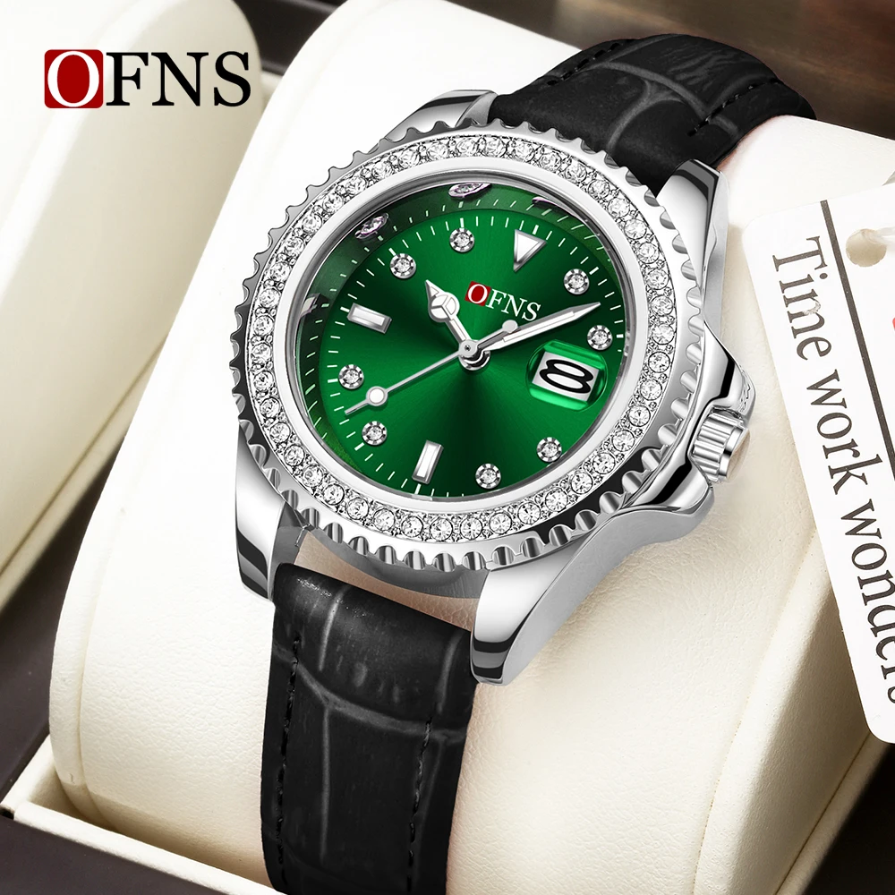 OFNS nuevo 1563 reloj de cuarzo Retro para mujer calendario fantasma de agua verde con incrustaciones de diamantes reloj de cuarzo de lujo resistente al agua para mujer