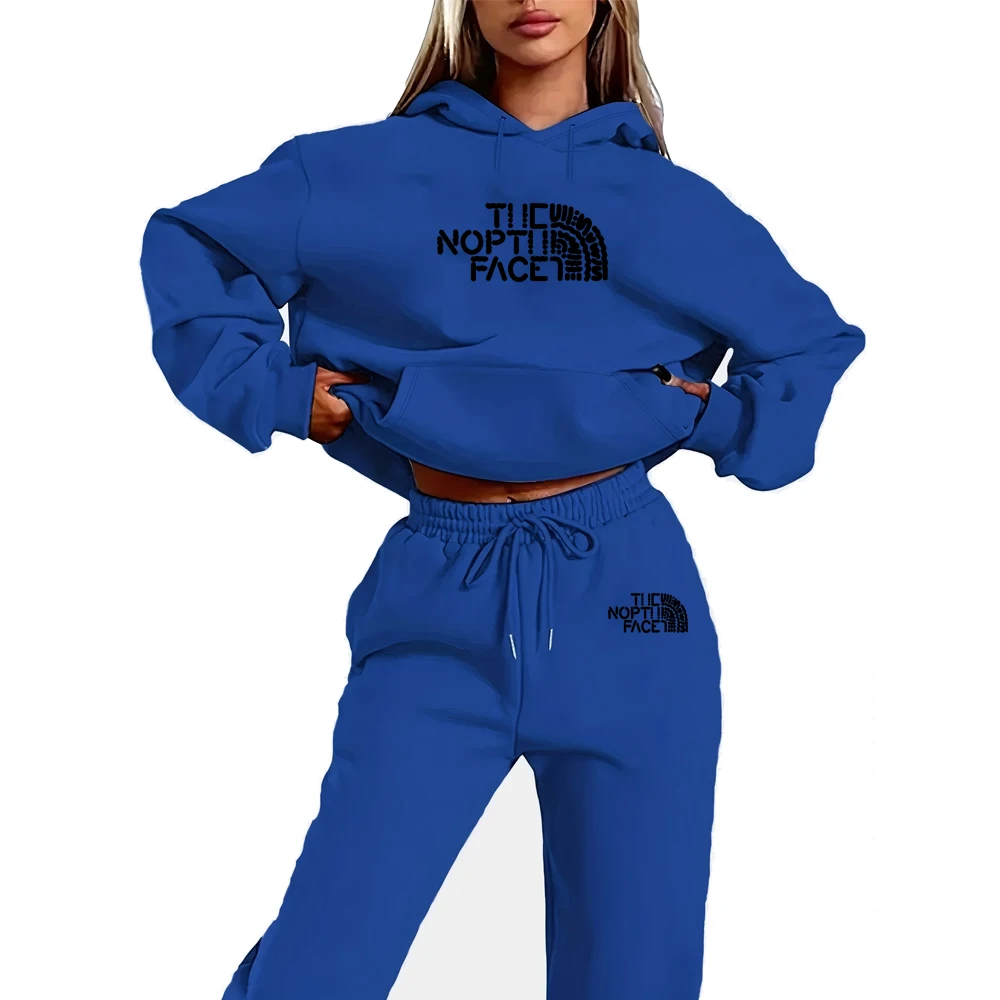 New fashionable color blocked hooded sweatshirt set for autumn and winter seasons, sweatpants two-piece set, casual and trendy,