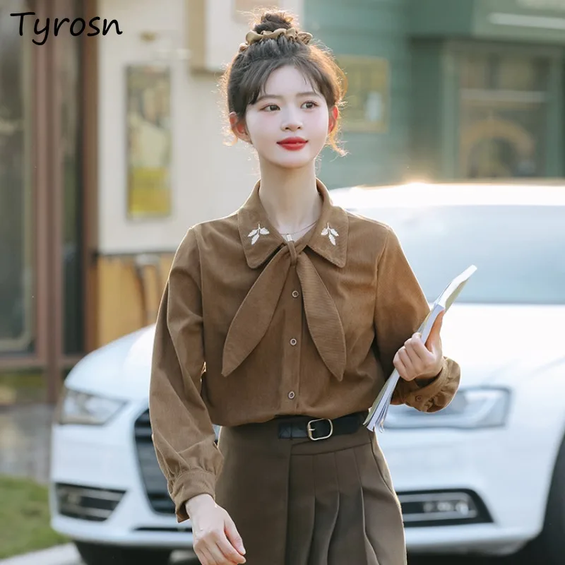 

Shirts Women Vintage Bow Embroidery French Elegant Corduroy All-match Tops Slim Gentle Outwear Y2k Aesthetic Clothes Camisa Ins