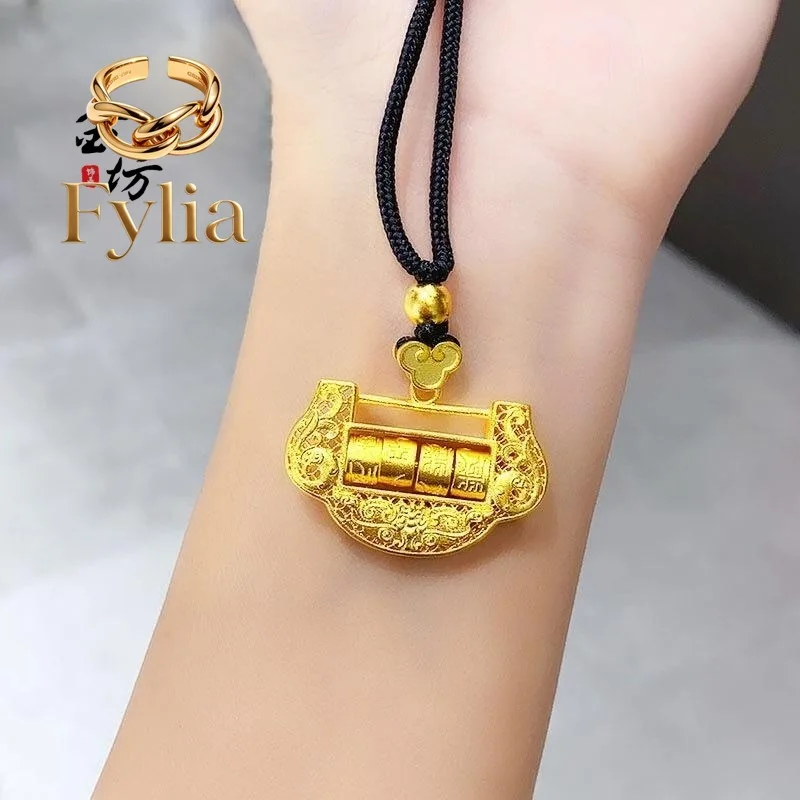 Fylia Jewelry   999 years old Ping An Lock 24K Real Gold Necklace Children's Long Life Lock Diy Pendant Accessories