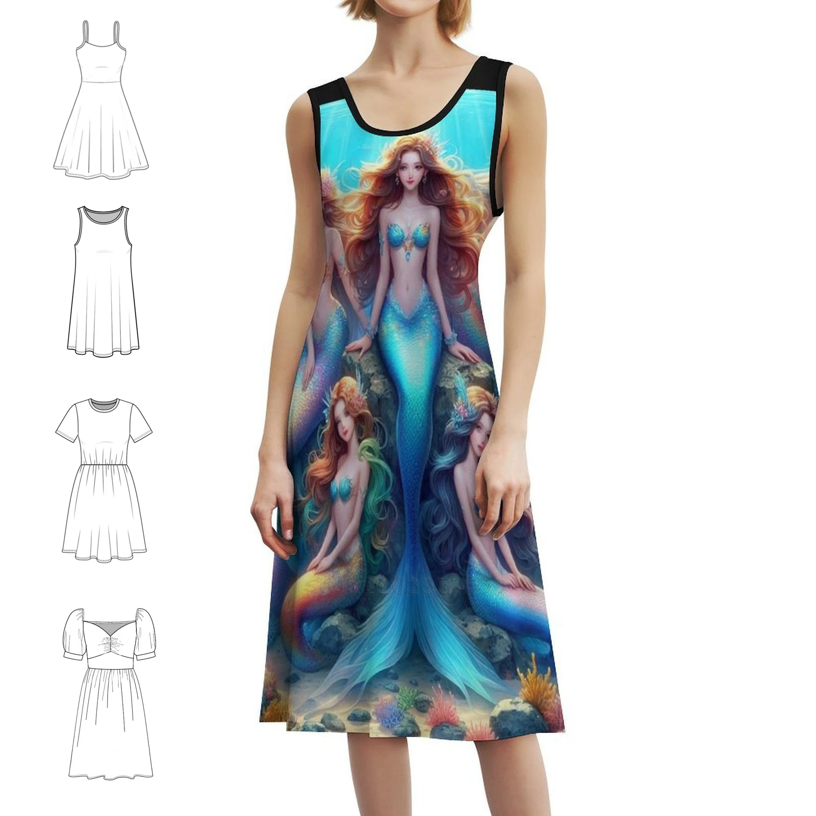 Mermaids Sweetheart Neckline Dress Elegant Summer Party Dress For Women Mermaids Family Sisters Fishes Corals Women's Dress