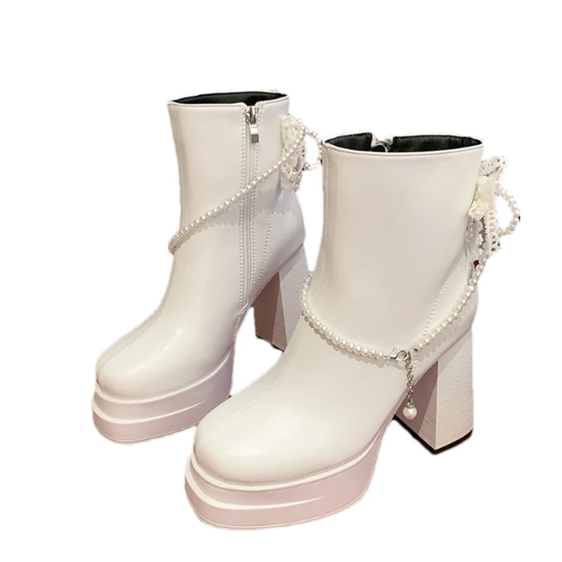 مطرز النساء حذاء من الجلد أحذية عالية الكعب منصة الأحذية الجلدية 2025 شتاء جديد فستان أنيق أحذية مثير مضخات تشيلسي الأحذية #6