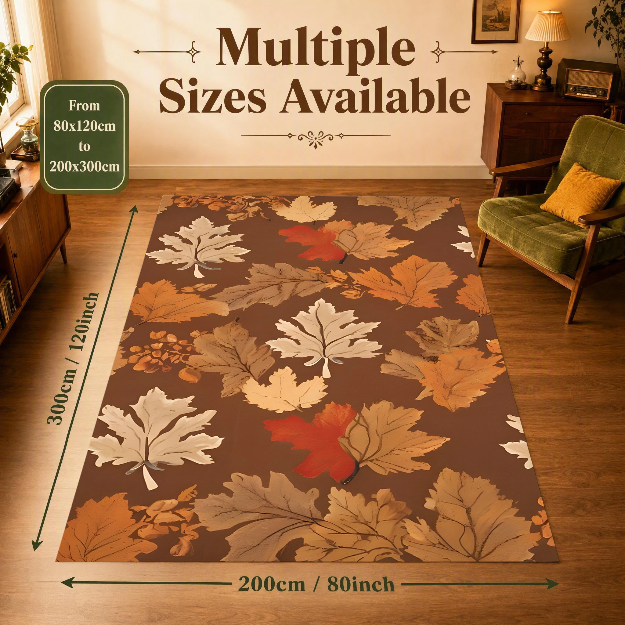 Vintage Fall Leaves Velvet Area Rug on Dark Brown Base, Autumn Winter Harvest Tone, for Living Room Bedroom