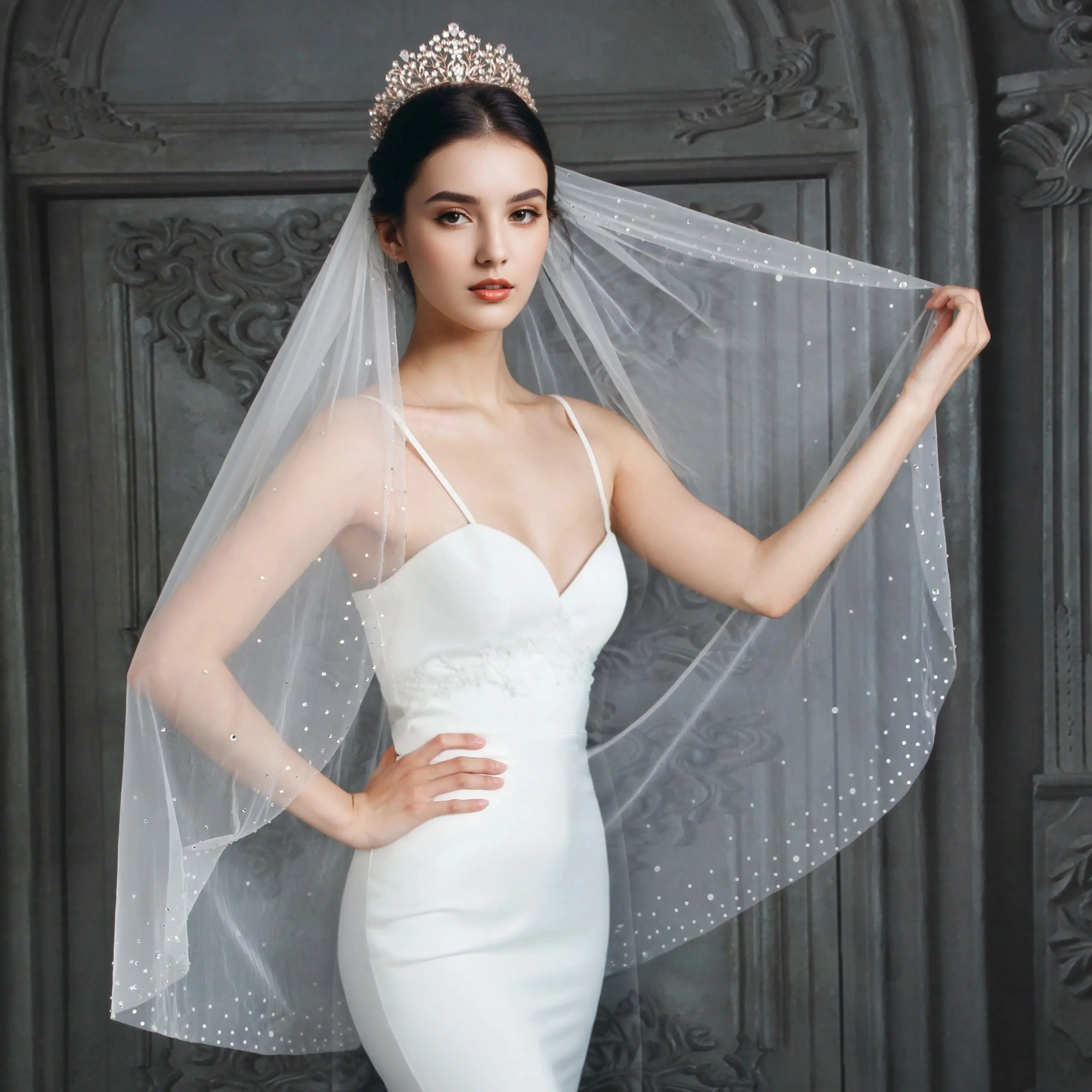 

Сверкающая фата, ручная приклеенная свадебная фата со стразами, 1 м, белый свадебный аксессуар, совместимый с другими аксессуарами для волос G53