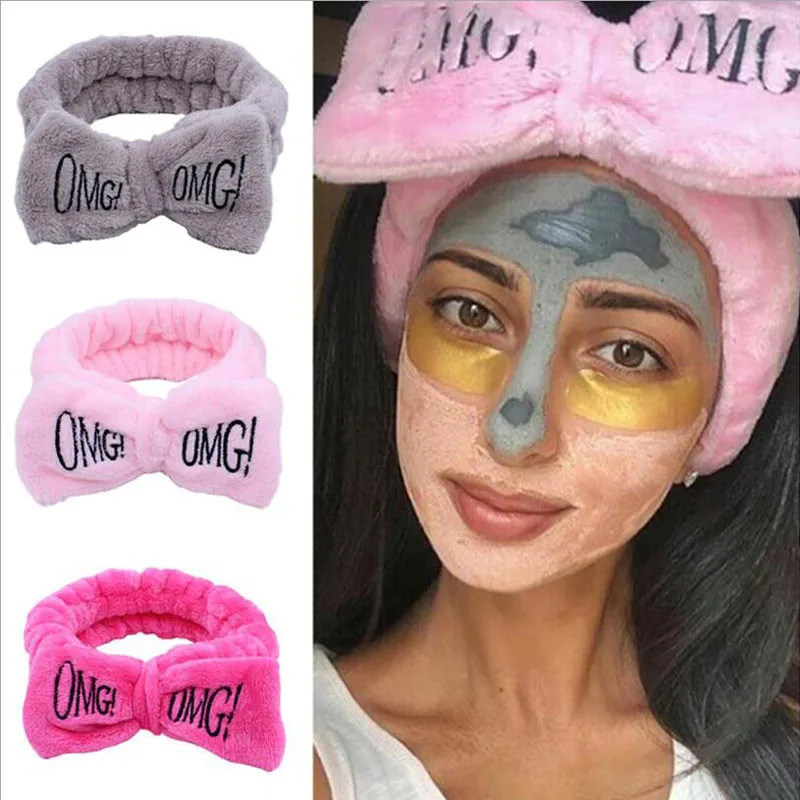 Makeup Headband for Women Solid Color Bowknot With OMG Embroidery Coral Fleece Spa Wash Face Remover Skincare Hair Accessories